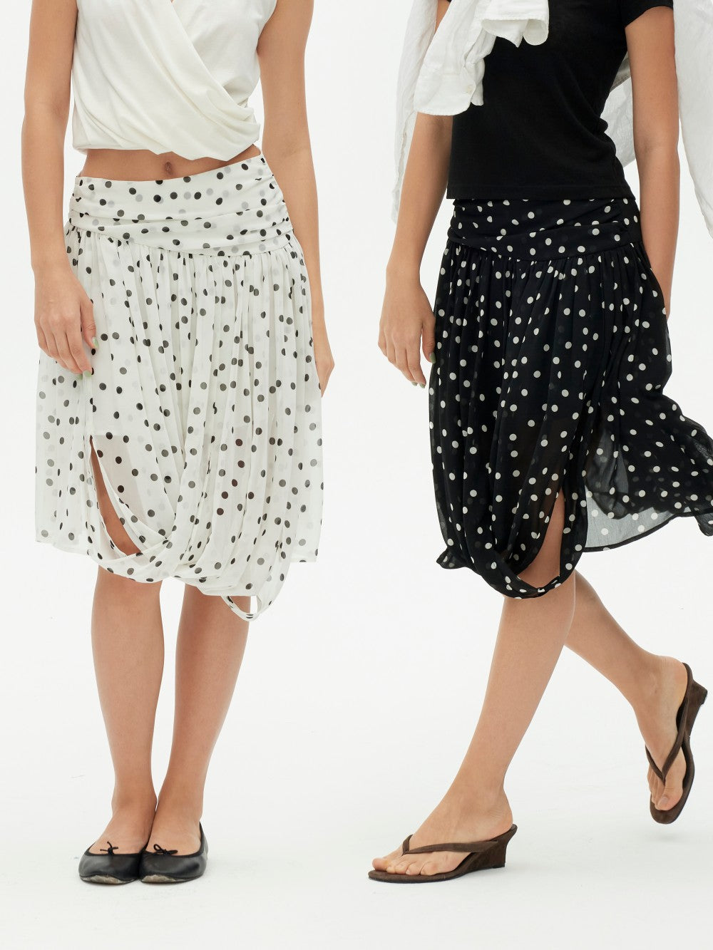 Polka Dot Midi Skirt with Asymmetrical Hem