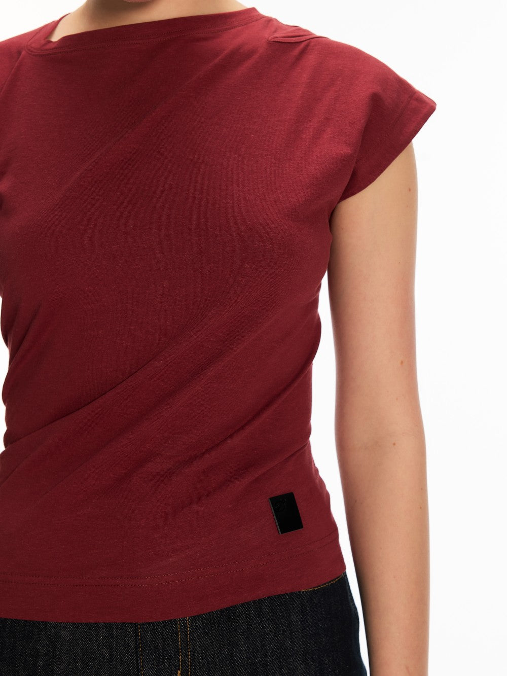 Asymmetric Shoulder Cutout Short Sleeve Top